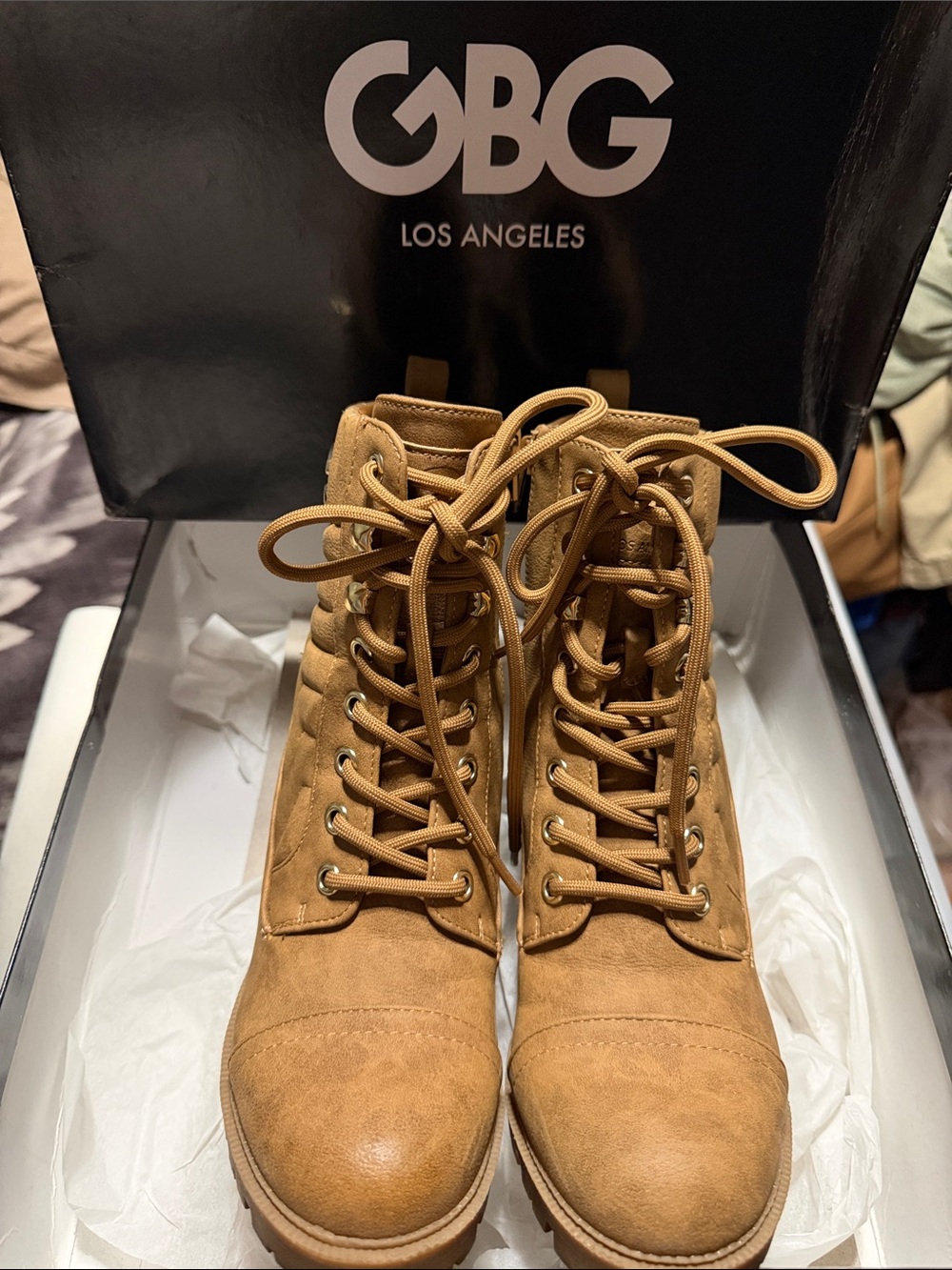 GBG Los Angeles Camel Lace-Up Combat Boots